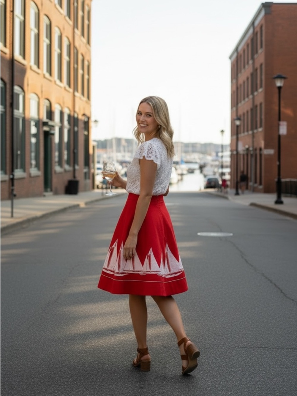 Vintage Liz Claiborne Red A-Line Sailboat Print Skirt - Women